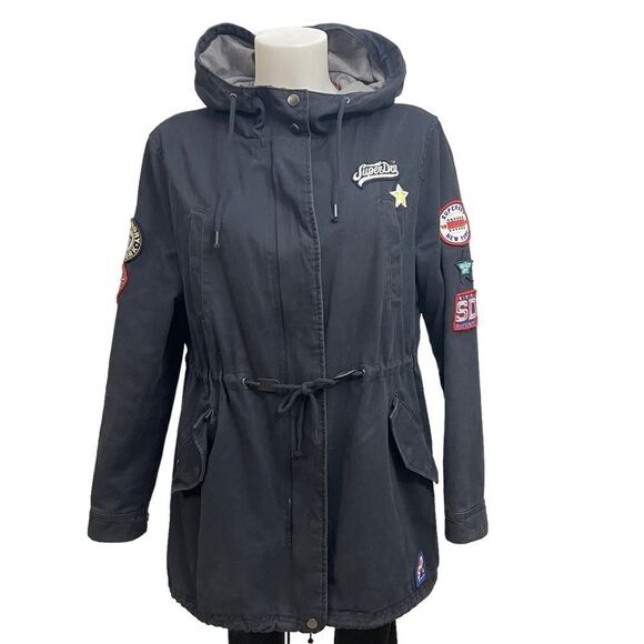 SUPERDRY Pacific Patch Parka Hooded Jacket‎ Black, full zip size US 8/ Medium - Picture 2 of 13
